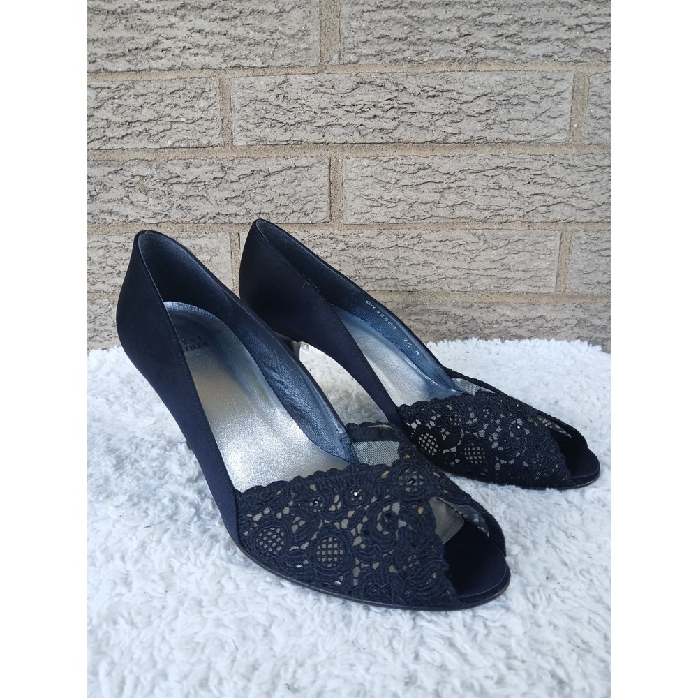 Stuart Weitzman Black Satin Chantilly Lace Peep-Toe Heels Shoes Sz 9.5 Spain
